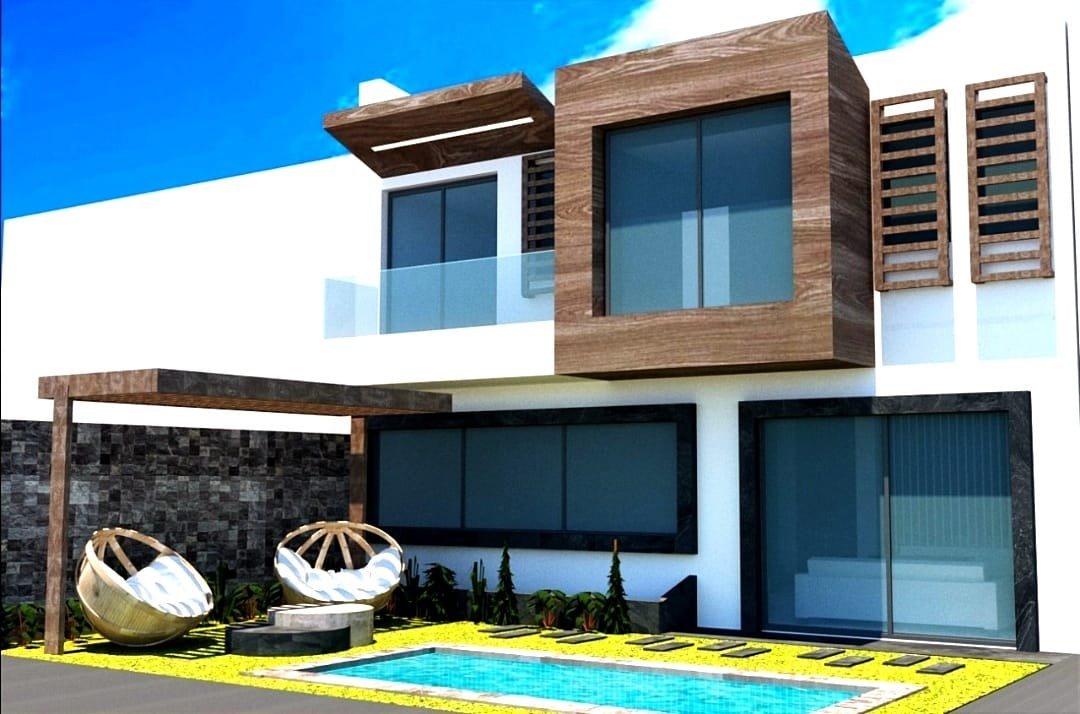 Conception 3D de la façade contemporaine d’une villa avec jardin